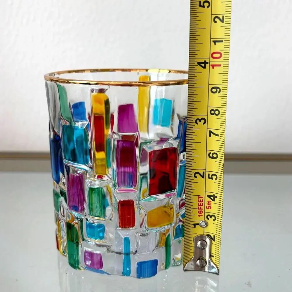 Hand Painted Italian Murano Crystal Whiskey Glasses 2pc 10oz Colorful Mosaic